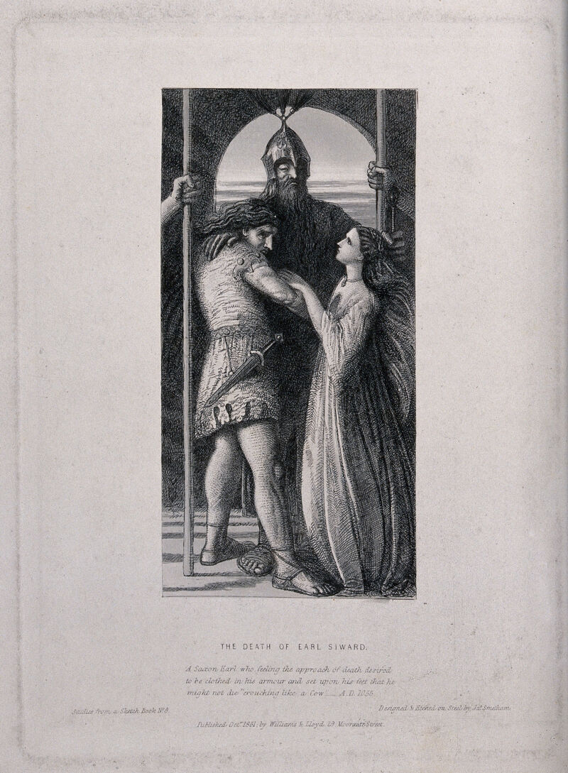 The dying Earl Siward clad in armour embraces a young man and woman. Etching by James Smetham, 1861., Octr. 1861, by James Smetham