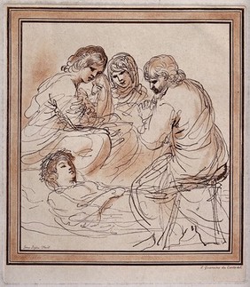 Three people contemplate the cadaver of Saint Petronilla. Etching by James Basire, 1764, after Giovanni Francesco Barbieri, il Guercino.