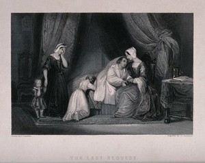 view A dying man is surrounded by his family. Engraving by G. Presbury after J. Franklin, 1838.