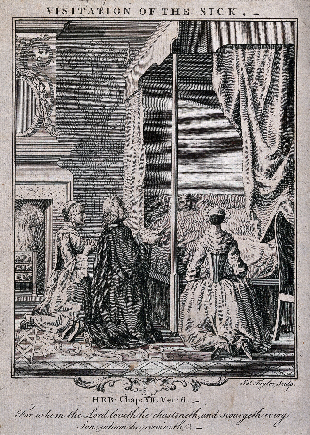 Three kneeling figures pray for a sick man. Etching by James Taylor, 17--., by James Taylor