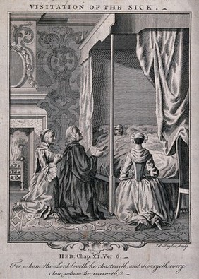 Three kneeling figures pray for a sick man. Etching by James Taylor, 17--.