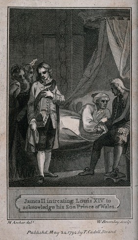 James II acompanied by his son visits Louis XIV. Engraving, 1794, by W. Bromley after M. Archer.