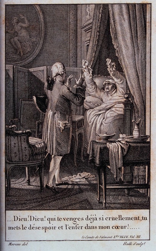 A dying man is enraged about his hopeless situation. Engraving by Hulle after Moreau.