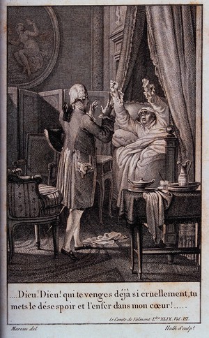 view The Baron de Lausane dies an atheist's death, despite the efforts of the Comte de Valmont to convert him. Engraving by A.J. Hulk after J.M. Moreau le jeune.