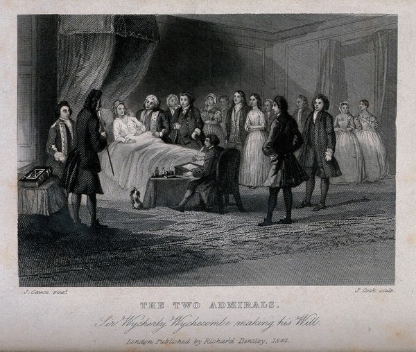 The dying Sir Wycherly Wychecombe dictates his will. Engraving by J. Cook after J. Cawse, 1844.