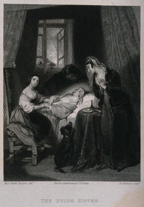Three women surround the bed of their dying sister. Engraving by H. Robinson after Miss Eliza Sharpe.