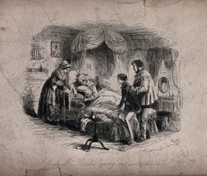 view A dying man is surrounded by two men and a woman. Etching.