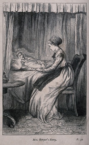 view A young woman sitting at the bed of a dying woman. Reproduction of an etching.