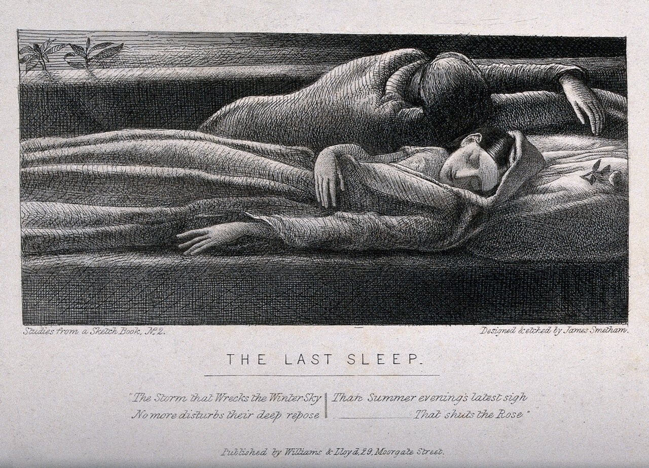 A dead woman lies on a bed with another figure behind her. Etching by James Smetham., by James Smetham