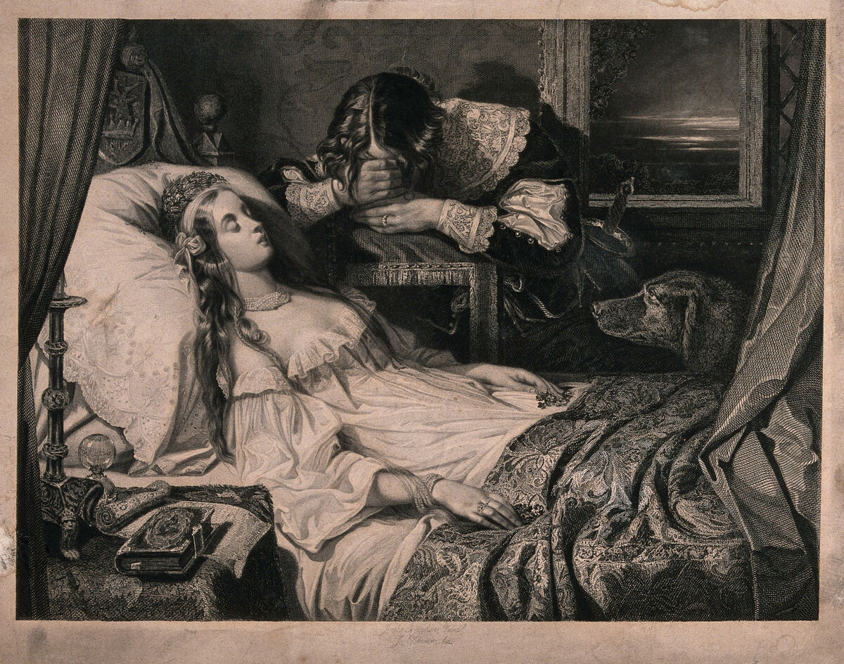 A young man laments the death of a young woman. Engraving by J. Brown after T. J. Barker, c.1834., by Thomas Jones Barker