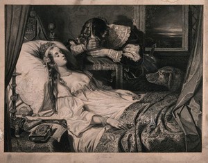 view A young man laments the death of a young woman. Engraving by J. Brown after T. J. Barker, c.1834.