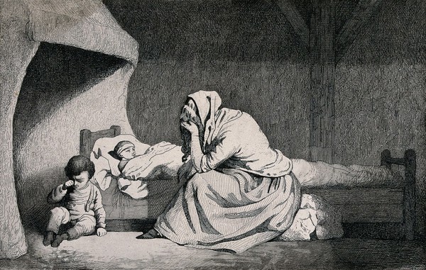 A mother mourns the death of her child. Etching.