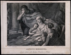 view The dying Alcestis is surrounded by her family. Engraving by Francesco Rosaspina after J.H. Tischbein, 1785.