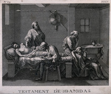 Eudamidas dictating his will on his deathbed, leaving the care of his mother and daughter to two friends. Etching after N. Poussin.