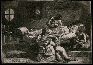 view Eudamidas dictating his will on his deathbed, leaving the care of his mother and daughter to two friends. Etching by Jean-Jacques Lagrenée.