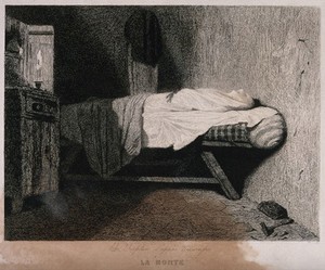 view A covered corpse lying on a bed. Etching by Ch. Chaplin, 1852, after A.G. Decamps.