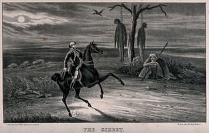 view The highwayman Dick Turpin, on horseback, arrives at a tree from which two bodies have been hanged. Lithograph by W. Clerk, ca. 1839.