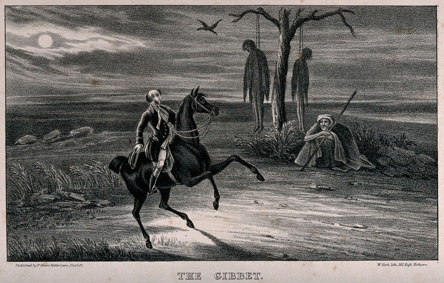 The highwayman Dick Turpin, on horseback, arrives at a tree from which two bodies have been hanged. Lithograph by W. Clerk, ca. 1839.