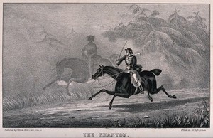 view The highwayman Dick Turpin, on horseback, sees a phantom riding next to him. Lithograph by W. Clerk, ca. 1839.