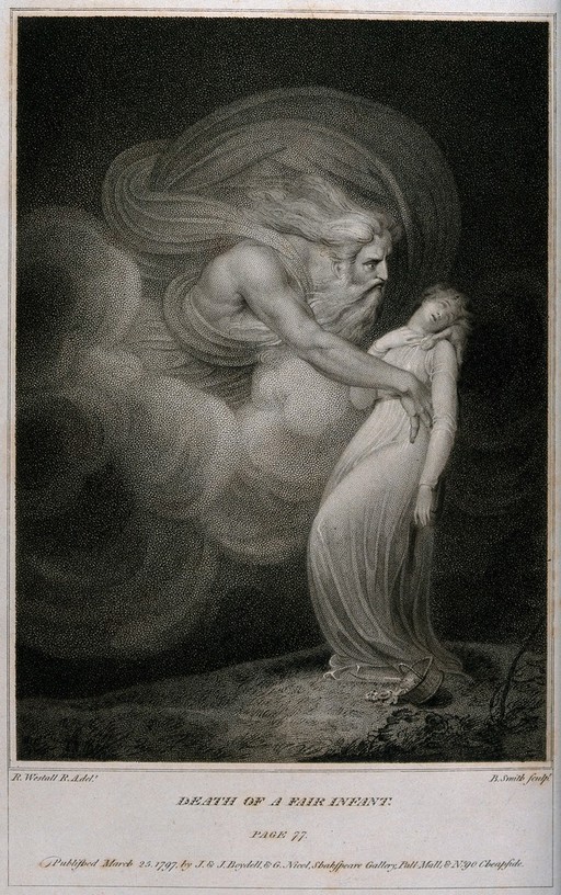 A God-like figure embraces a young fainting girl. Stipple engraving by B. Smith, 1797, after R. Westall.