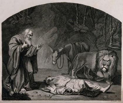 An old prophet from Bethel finds the body of a man of God from Judah who had been killed by a lion after accepting hospitality against God's command. Engraving by W. Raddon after J. Graham.