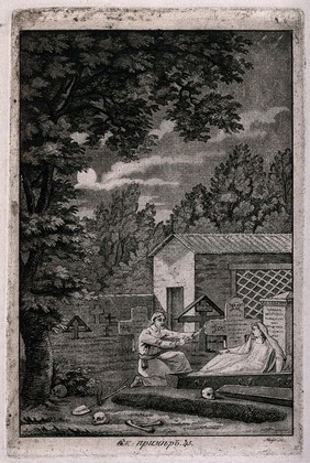 A gravedigger observes the resurrection of a dead woman. Aquatint by Mayr.