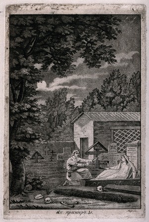 view A gravedigger observes the resurrection of a dead woman. Aquatint by Mayr.