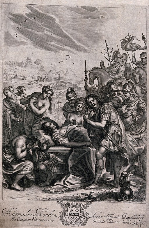 A dead man is mourned by soldiers and women. Engraving by P. Lombard.
