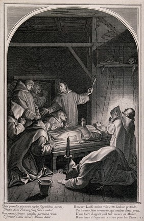 The body of Saint Bruno is laid out in state and surrounded by mourning Carthusian monks. Etching with engraving after E. Le Sueur.