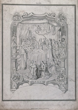 John Islip on his death bed surrounded by saints and monks: the Virgin Mary intercedes for him. Etching by James Basire the elder, 1808.
