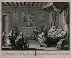 view A dying man receiving extreme unction from a priest while surrounded by servants and his grieving family. Etching by A. Baratti after A. Novelli after B. Picart.