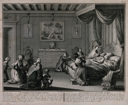 A dying man receiving extreme unction from a priest while surrounded by servants and his grieving family. Etching by A. Baratti after A. Novelli after B. Picart.