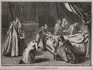 view A priest administering extreme unction to a dying man in a bedchamber with a makeshift altar. Etching by B. Picart, 1724.