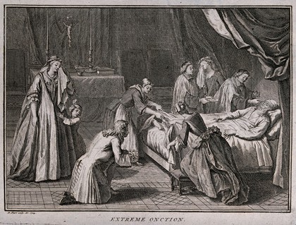 A priest administering extreme unction to a dying man in a bedchamber with a makeshift altar. Etching by B. Picart, 1724.