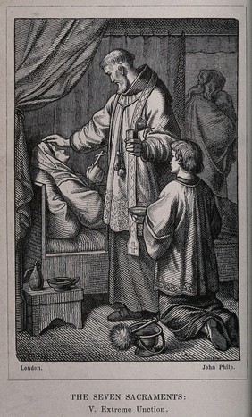 A priest administering the sacrament of extreme unction to a dying woman. Wood engraving by N. Knilling.
