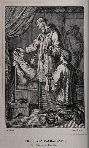 view A priest administering the sacrament of extreme unction to a dying woman. Wood engraving by N. Knilling.