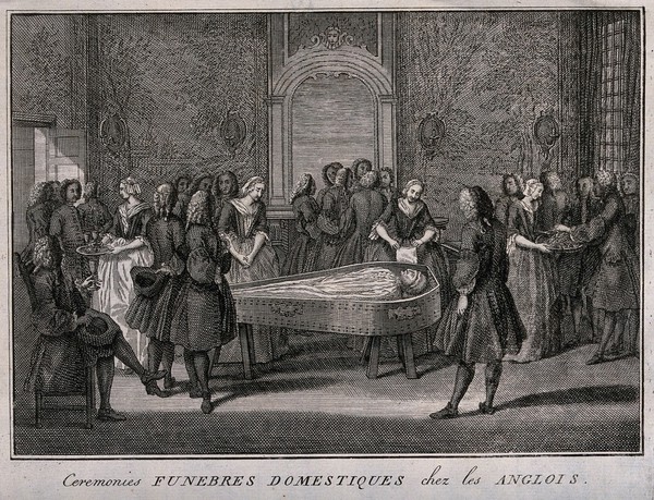 A corpse is dressed in grave clothes and layed out for mourners to visit. Etching with engraving.