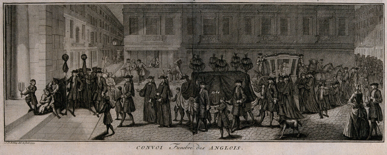 A large funeral procession following a bier with a corpse into a church. Etching with engraving by Jakob van der Schley, 1735., 1735, by Jakob van der Schley