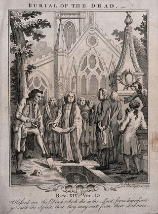 Burial of the dead in the graveyard of a parish church. Etching by James Taylor.