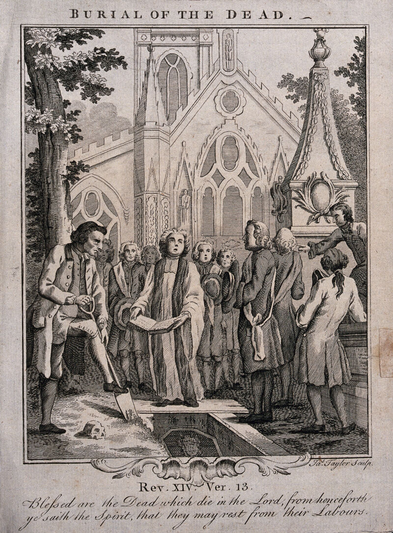 Burial of the dead in the graveyard of a parish church. Etching by James Taylor., by James Taylor