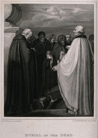 Mourners attending a burial where the coffin is about to be lowered into the ground. Stipple engraving by N. Schiavonetti after R. Westall, 1812.
