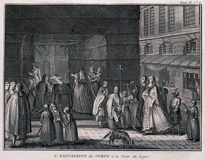 view A funeral procession following a coffin, laid out on a bier, into a church. Etching by B. Picart, 1724.