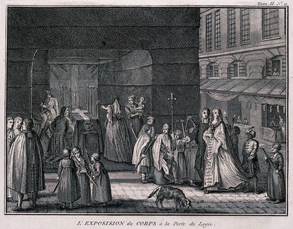 A funeral procession following a coffin, laid out on a bier, into a church. Etching by B. Picart, 1724.