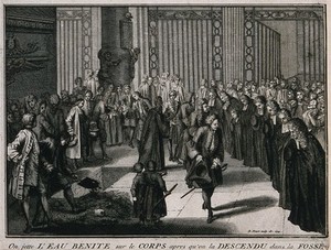 view A funeral in a French church: the coffin is sprayed with holy water and lowered into the grounds of the church. Etching by B. Picart, 1724.