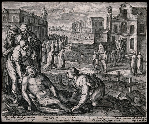 A male corpse is wrapped in linen and entombed while a funeral cortège proceeds into a church in the background. Etching with engraving by G. Spilberg after C. de Passe.