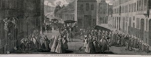 view A Lutheran funeral in the city of Augsburg. Engraving by B. Picart, 1732, after Catherine Sperling.