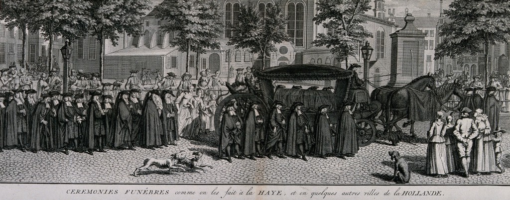 A funeral in the city of the Hague in Holland. Engraving with etching by B. Picart, 1732.