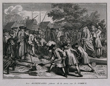 A congregation of Jewish mourners lowering a coffin into a grave during a funeral. Engraving by B. Picart, ca. 1733.