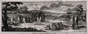 view A group of Greek women lamenting and mourning the dead at a burial site in Rama. Engraving possibly by B. Picart, ca. 1733.