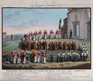 view A funeral procession following a deceased bishop layed out on a bier into a parish hall. Coloured etching by F. Ferrari, 1820.